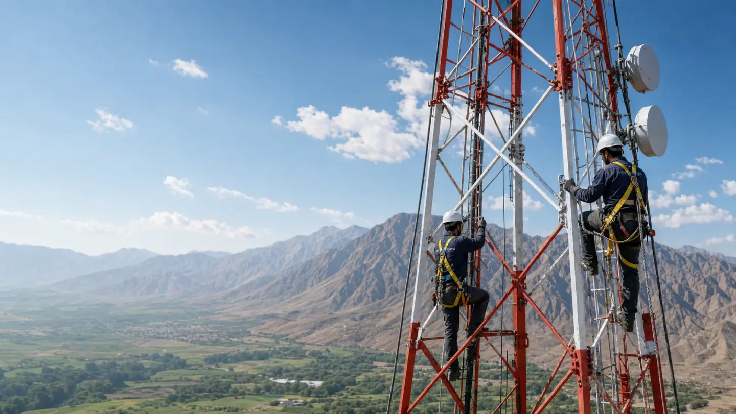 Sultan Masoom tower climbers working above an Afghan mountain valley